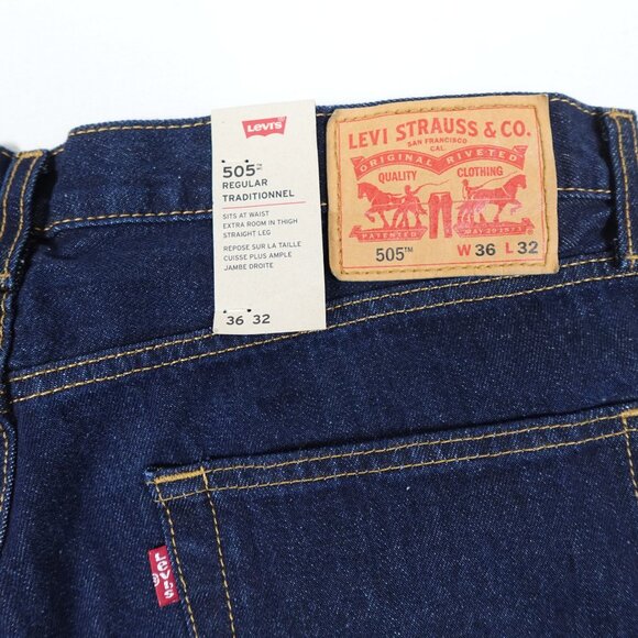 NEW Levi's 505 Jeans Men's 36x32 Straight Leg 100% Cotton Dark Wash Regular Fit - Picture 3 of 14